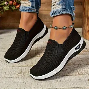 Women's Black Breathable Knit Slip-On Sneakers |   Lightweight Wedge Sole Comfort Walking Shoes - Easy-On Casual Daily Shoes for All-Day Wear & Effortless Outfits