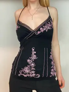 Vintage Print Y2K Aesthetic V Neck Slim Fit New Top, Fashion Mesh Patchwork Elegant Daily Wear Vest, Floral Embroidery Elegant Comfy Cami, All Seasons
