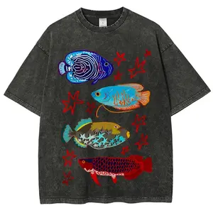 Cute Colorful Fish Unisex Vintage Washed Tee 100% Pure Cotton Eco-friendly Hot Stamping Printing Micro Elasticity Retro Daily Style