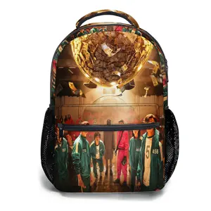 17" Squid Game Full-Print Backpack - Waterproof & Machine-Washable with Reinforced Base, Padded Adjustable Straps, 4-Pocket Storage for Tech, Essentials & Outdoor Gear