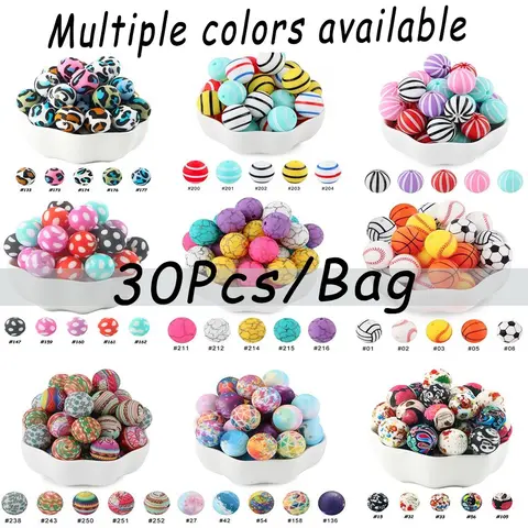 15mm Silicone Bead, 30pcs/set Round Printed Bead, DIY Jewelry Making Supplies for Bracelet Necklace Earrings Pendant, Beads Wholesale, Artificial Crafts, Diy Mix Beads, Bead Assortment, Diy Jewelry Decoration, Diy Beading, Bulk Beads