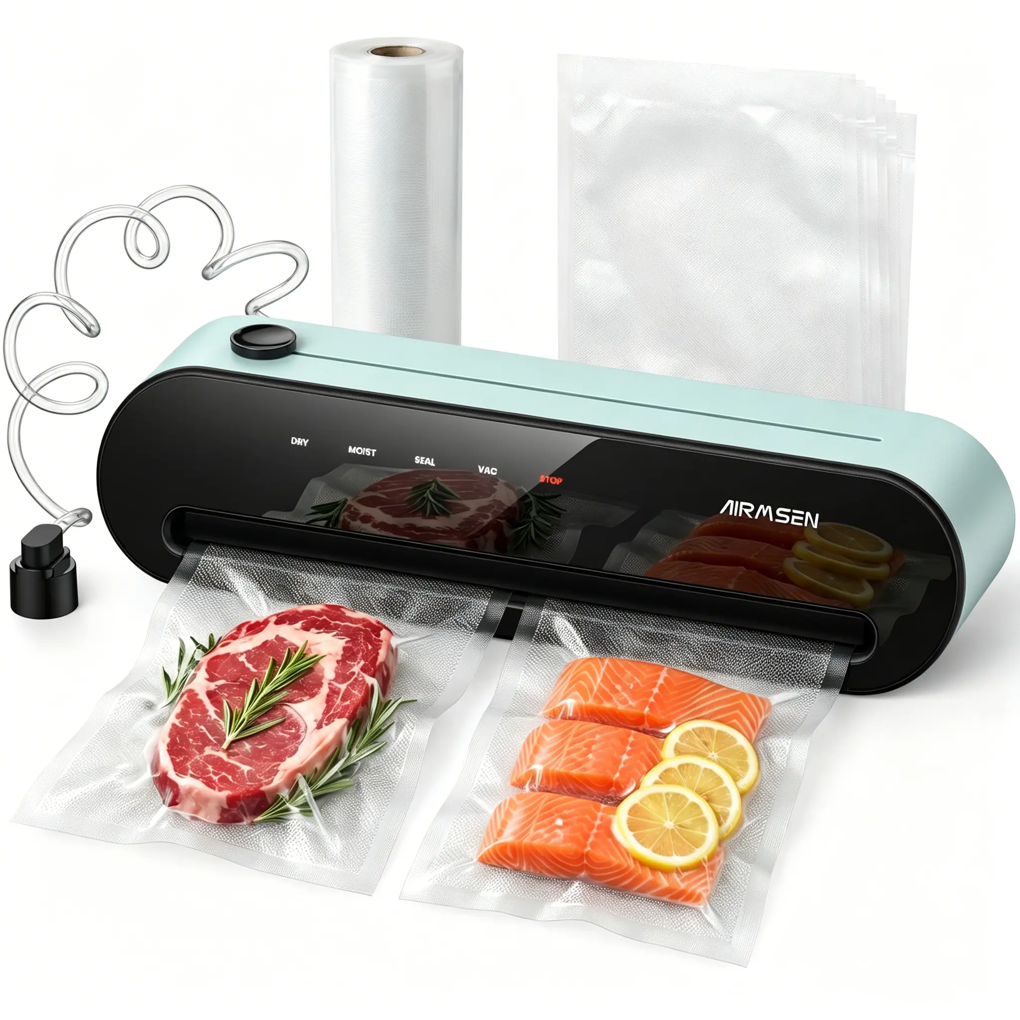 AIRMSEN 1-Step 6-in-1 Fully Automatic Vacuum Sealer, Built-in Cutter & External Hose Storage, 12" Wide Sealing Strip, Dry & Moist Modes, Commercial Grade Food Preservation for Home&Kitchen, Indoor Fully Automatic