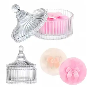 Dusting Powder Container with Puff, 3PCS Large Body Powder Puff and Container - Crystal Glass Dusting Powder Jar & Soft Velour Washable Body Powder Puff for Women
