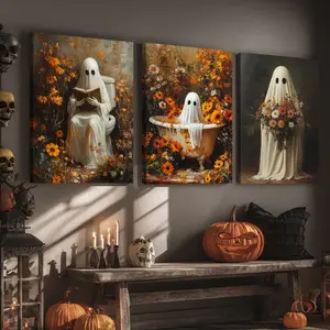 3 Counts Wooden Framed Canvas, Bathroom White Ghost And Sea Of Flowers, Halloween Home Poster, Halloween Party Decorations, Living Room And Bedroom Hanging Paintings, Horror Theme, Interesting Posters, Exquisite Gifts, High-Definition Art