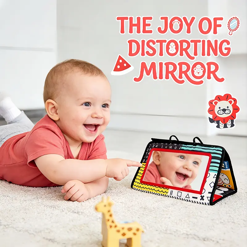 YRUIZEUP Baby Tummy Time Book Mirror Toy, Vision Trainning Toy，Black and White High Contrast Baby Newborn Brain Development Tummy Time Toys Infant Sensory Crinkle Toys, Early Educational and Puzzle Floor Color Enlightenment Cloth Toy