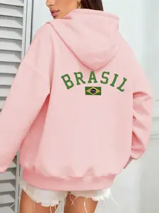 Women's Hooded Sweatshirt Autumn Winter Brazil Cultural Print, Casual Street Style Letter Flag Pattern, Sports Event Viewing Daily Wear