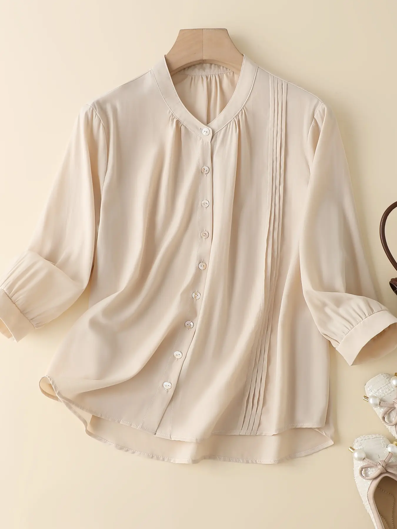 Casual Loose-Fit Baggy Oversized Pleated Single-Breasted Women's Shirt, Mid-Sleeve Woven Top for Spring & Fall, Daily Commuting Simple Style Minimalist Blouses Womenswear