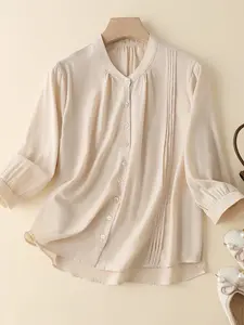 Casual Loose-Fit Pleated Single-Breasted Women's Shirt, Mid-Sleeve Woven Top for Spring & Fall, Daily Commuting Simple Style