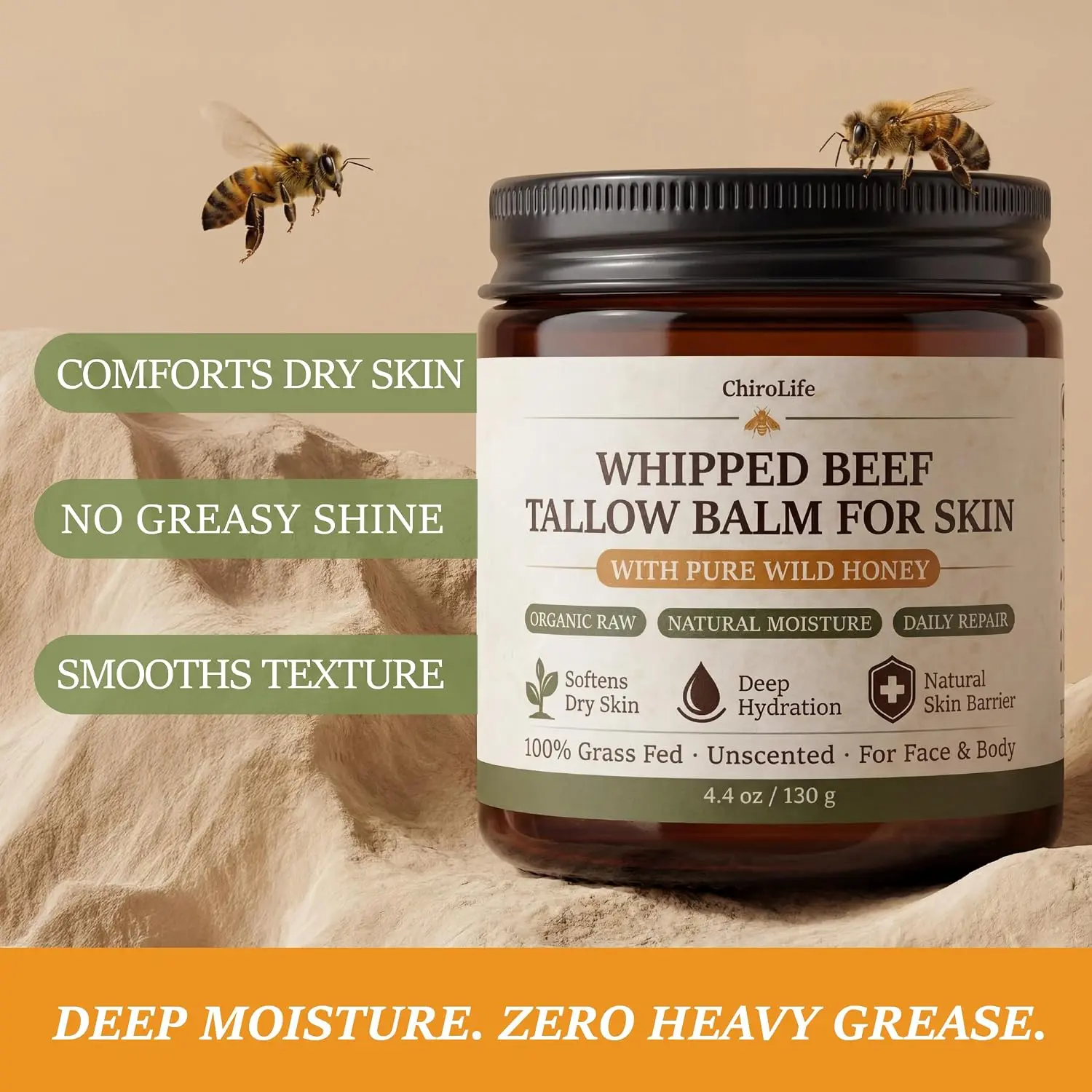 Grass-Fed Beef Tallow for Skin, Whipped Tallow and Honey Balm for Face, Pure Tallow Face Moisturizer, Organic Beef Tallow Balm & Cream with Natural Beeswax - 4.4 oz
