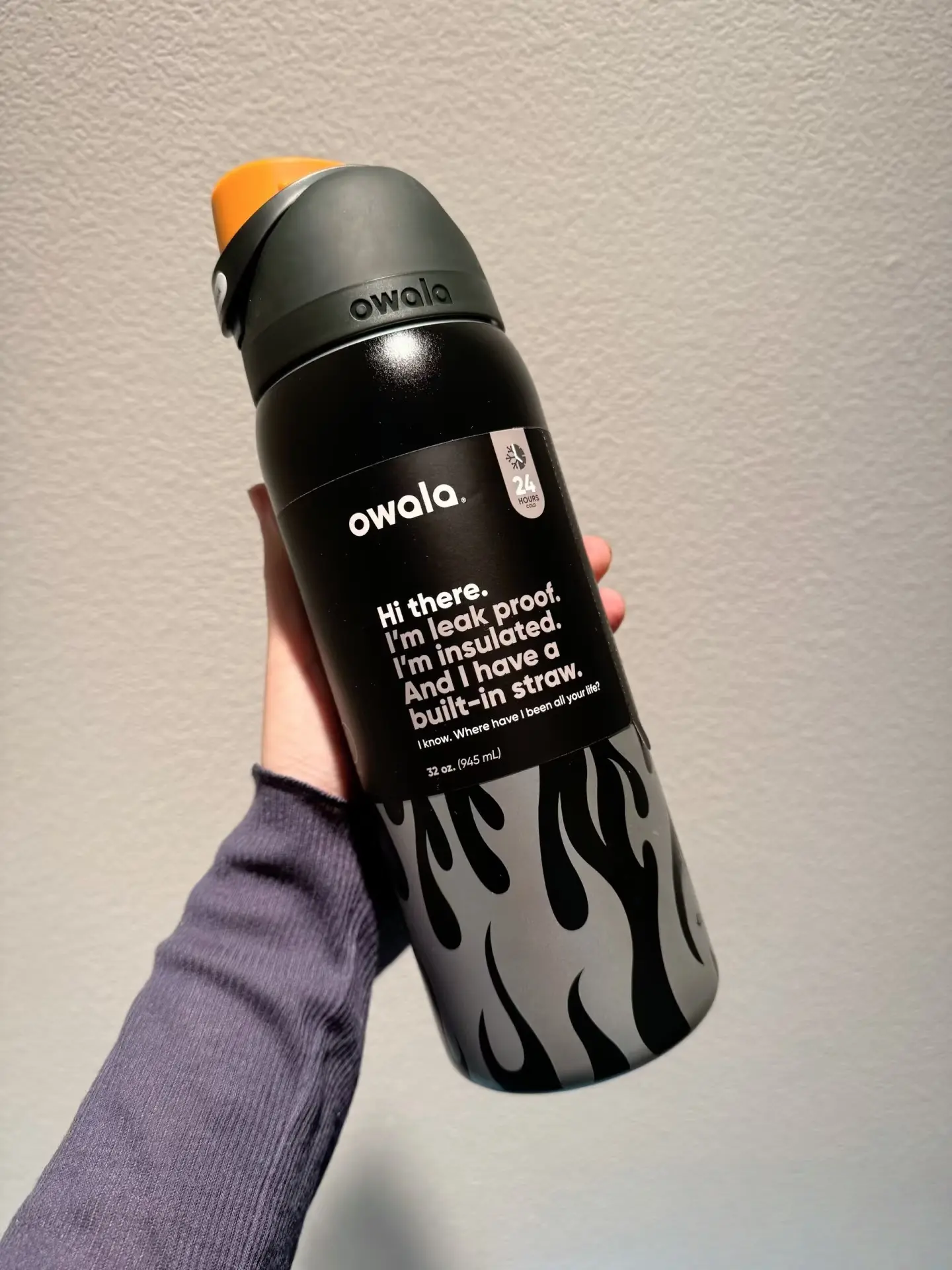 Owala 32oz Insulated Bottle (Chrome Flame Edition): features double-walled 304 stainless steel construction for excellent hot and cold retention. Perfect for commuting, workouts, and outdoor activities.
