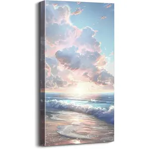 24x48 Inch Framed Beach Sunset Wall Art Coastal Landscape Canvas Print with Waves and Palm Trees Ocean Seaside Wall Decor for Living Room Bedroom Bathroom Office Hallway
