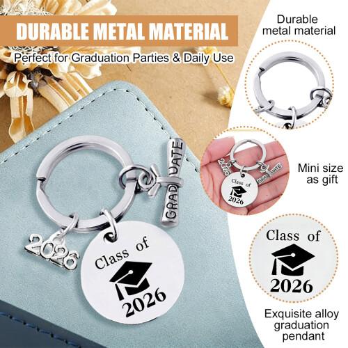2026 Graduation Keychain – Stainless Steel Class of 2026 Keychain, Customizable Metal Keychain with Graduation Cap & Scroll, Graduation Gift for Students
