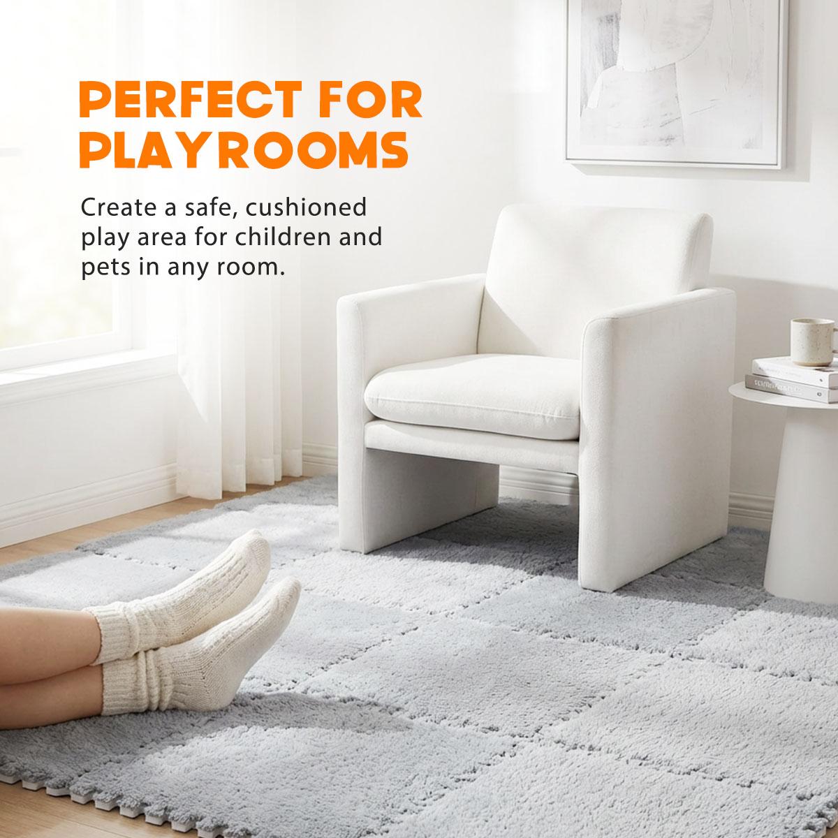 Grey Fluffy Play Mat Tiles (30cm x 30cm / 11.8” x 11.8”) – Anti-Slip, Easy-Clean, Soft EVA Foam Flooring for Kids, Pets, Playroom & Home Decor