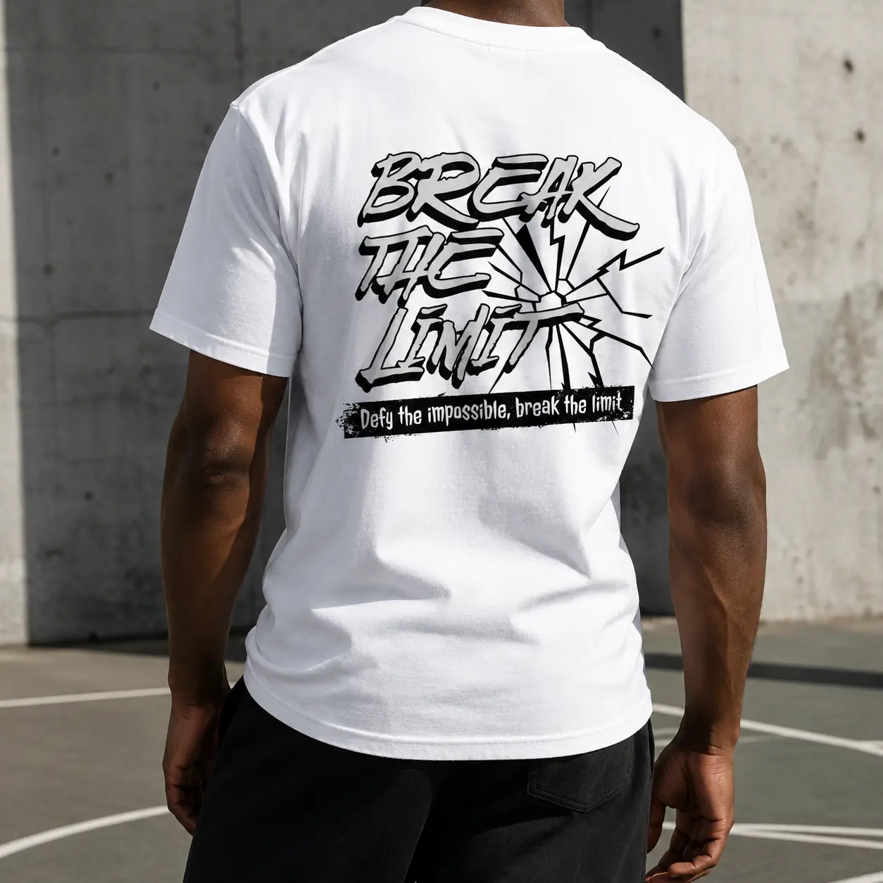 Classic White Back‑Print T‑Shirt, Break The Limit Graffiti Text Crack Glass Lightning Graphic Tee, Defy The Impossible Motivational Slogan Urban Streetwear Crew Neck Short‑Sleeve Top for Men and Women 3322