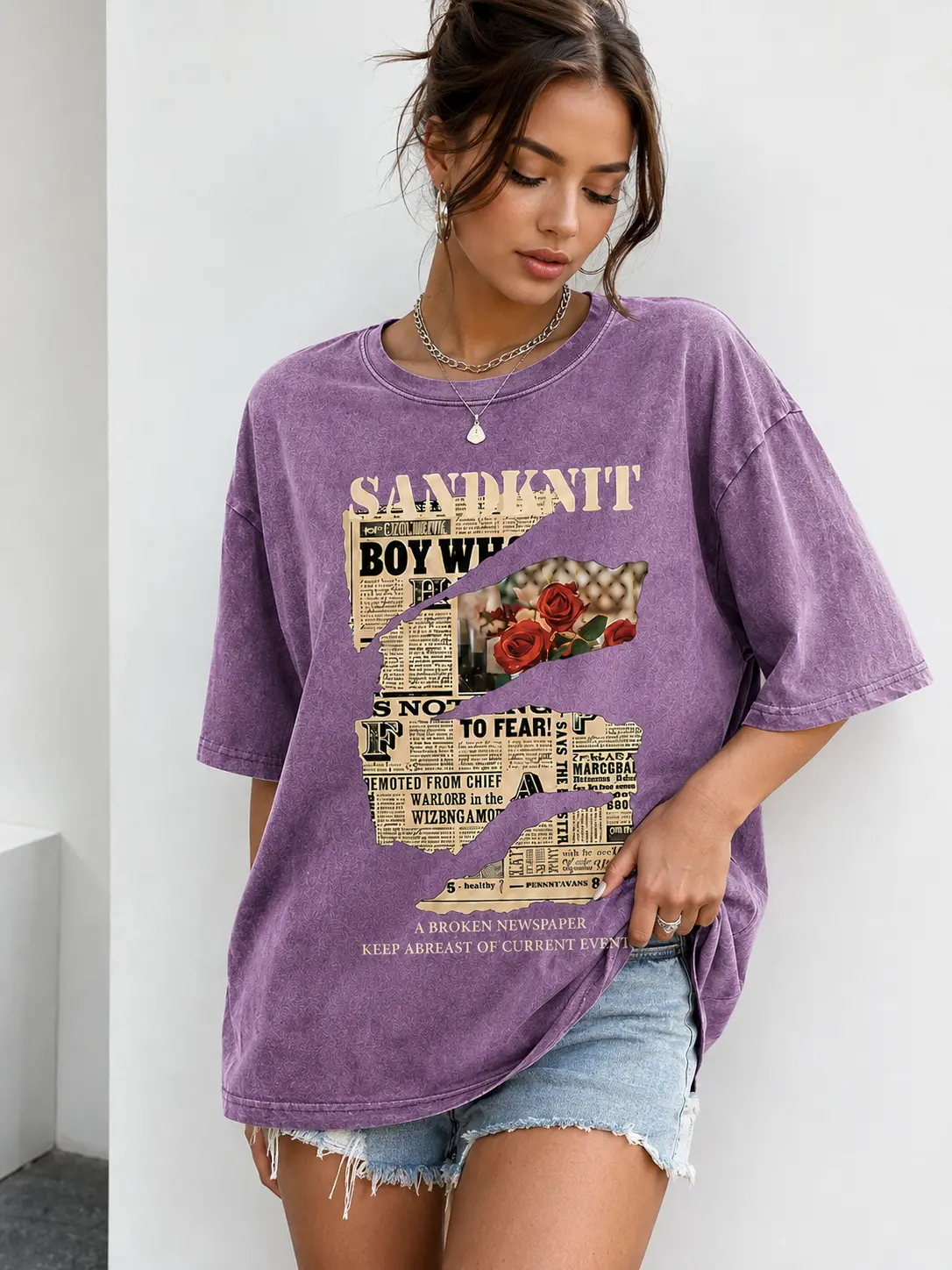 Women's Retro Iris Graphic Cotton T-Shirt - Acid Wash, Distressed Fabric, Short-Sleeve, Casual Streetwear, Artistic Loose-Fit Top, Tshirt, Songs, Acid Wash Art, Paper, Vintage, Graphic T Shirts, 2000S Aesthetic, Round Neck, Dry Clean