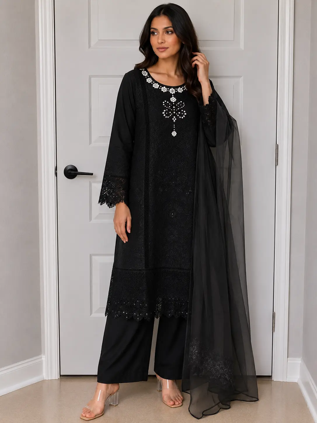 Women's Black 3-Piece Suit Set, Traditional Pakistani Designer Wear with Heavy Embroidery and Chiffon Dupatta, Women's Clothes, Outfits, Long Sleeve, Elegant, Classic, Shirt, Trouser, Matching