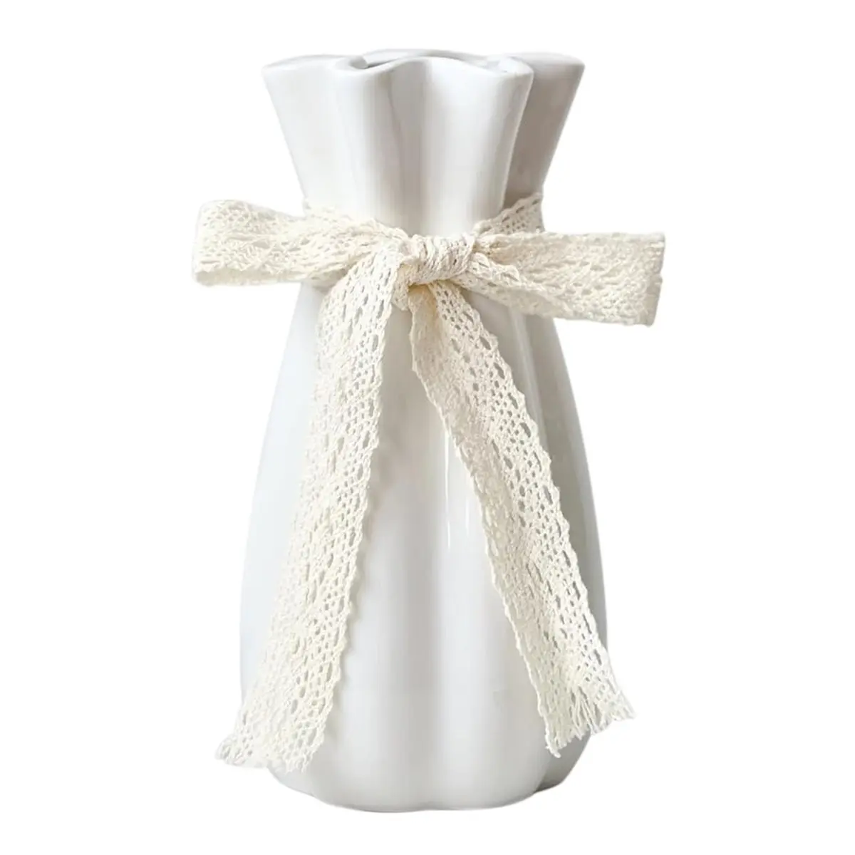 Decorative Durable Handmade Glossy White Waterproof Scratch-Resistant Ceramic Flower Vase - 8-in (8x20cm/3.2x7.88inch), Modern Minimalist Boho Ornament with Bowknot, Indoor Home Decor Gift for Wedding Floral Arrangements