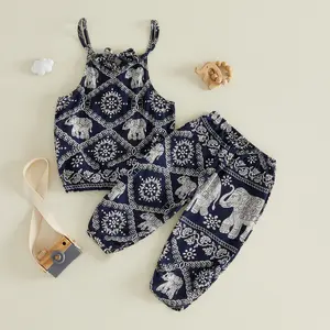 Toddler Baby Girl Summer Outfit Elephant Print Sleeveless Vest Tops Elastic Waist Long Pants Set Little Girls Summer Clothes