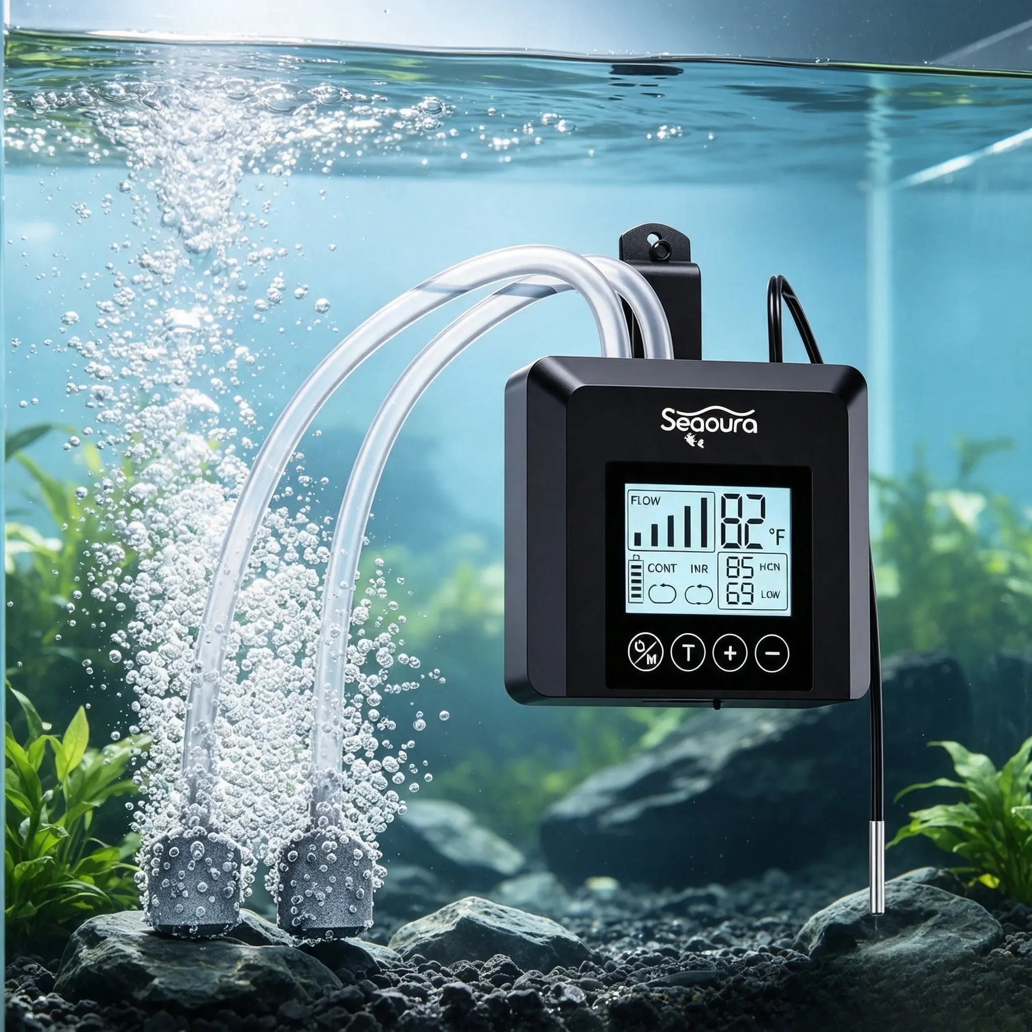 Seaoura Portable Battery Powered Aquarium Air Pump, USB Rechargeable Quiet Aerator with Dual Outlet Adjustable Air Flow, Digital Screen Oxygen Pump for Bait Bucket, Outdoor Fishing and Household Fish Tank Power Outage Backup live  bait  pump stone