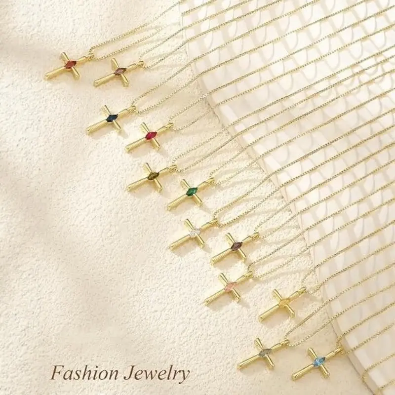 Birthstone Cross Pendant Necklaces for Women - 14K Gold Plated Dainty Christian Jewelry 12 Month Birthstone Faith Pendant Exquisite Birthday Holiday Gifts for Her/Wife/Mom/Girlfriend