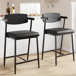 Rustic Black Set of 6/8 Counter Height Bar Stools(Chairs only), Metal Frame with Arms & Wood Back, Soft Wide Seat and Footrest, Heavy Duty Easy Assembly for Kitchen Island & High Table