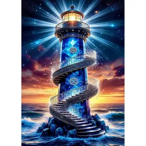 1pc, Dreamy Starlight Ocean Lighthouse Diamond Painting Handcrafted Bead Art Decor Picture Living Room Entryway Bedroom Background Light Luxury Hanging Painting Starry Sea Wave Theme Creative Wall Art Adult Diamond Embroidery Kit Home Ambiance Decor