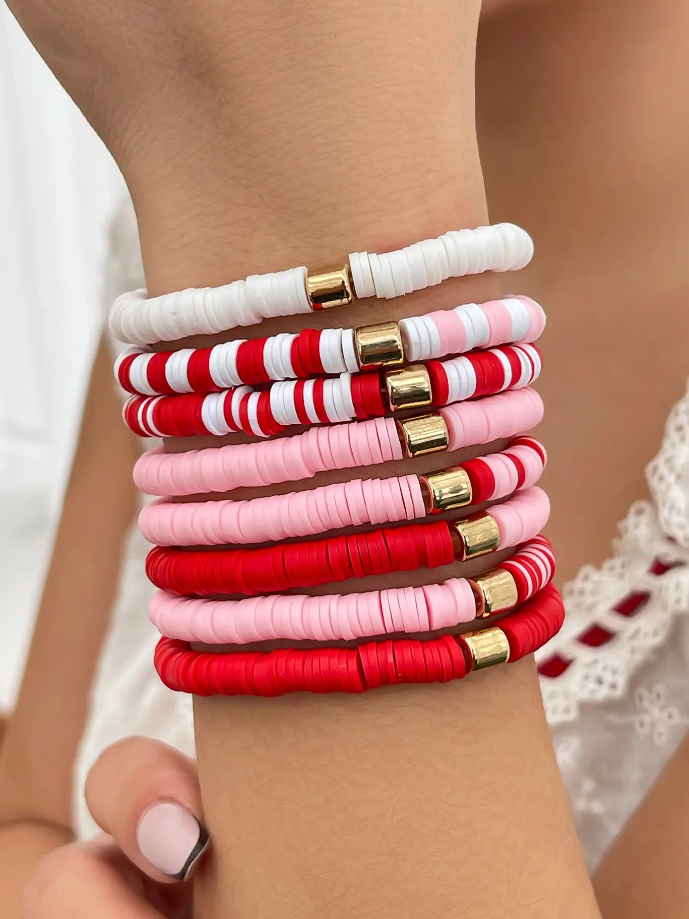 Fashion New Colorful Valentine's Day Soft Clay Bracelet Set, Girls' Heart Charm Bracelets, Simple Stylish Design, All Seasons, Trendy Stack Bangle