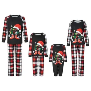 Matching Christmas Pajamas For Family Long Sleeve Santa Hat Boots Print Tops + Plaid Pants Set Winter Sleepwear