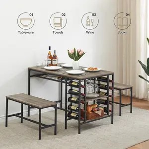 3 Pieces Dining Table Set for 4 with 2-Tier Storage Shelves, Wine Rack and Wire Rack, 47" Kitchen Table Set with 2 Benches, Industrial Bar Table Chair for Small Space