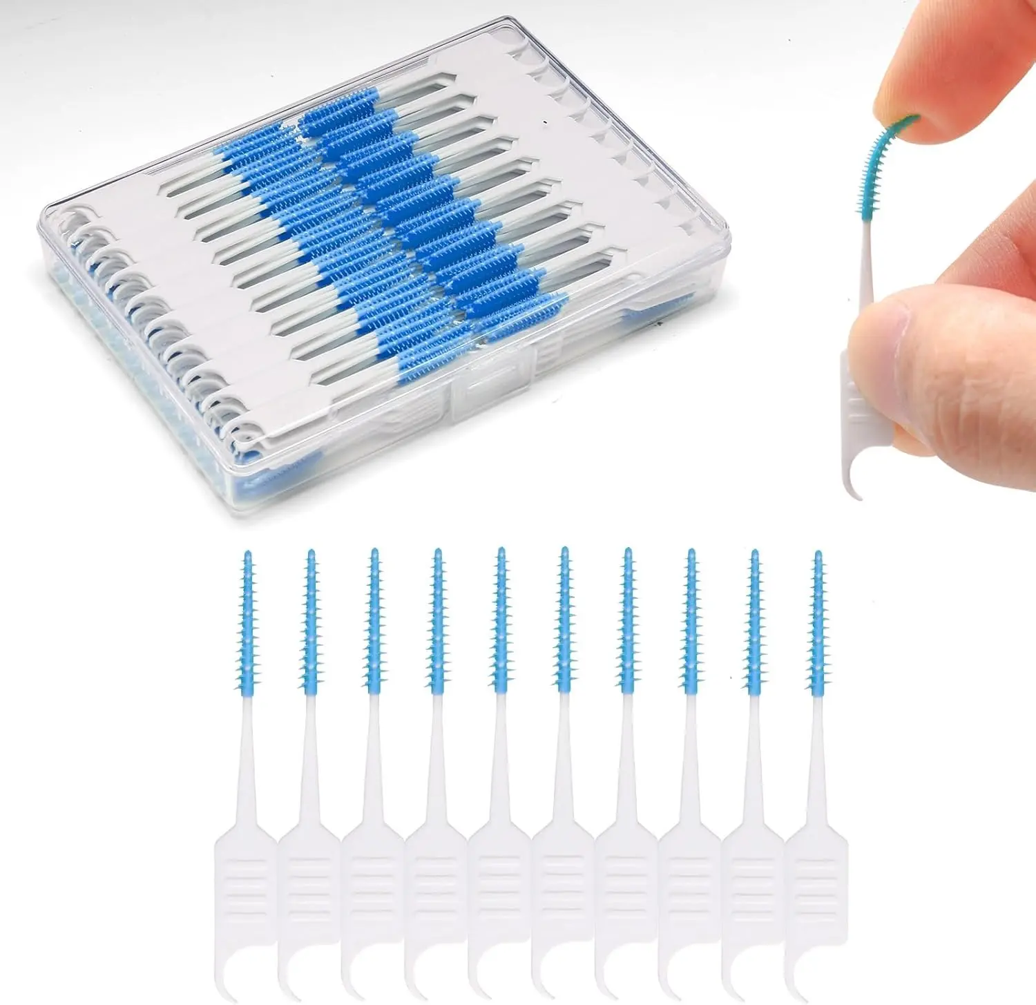 300PCS Dental Floss Picks,Dual-Use Interdental Brushes,Soft Silicone Brush Head Toothpicks, Tooth Picks Flossers for Teeth Braces Cleaning (Blue)