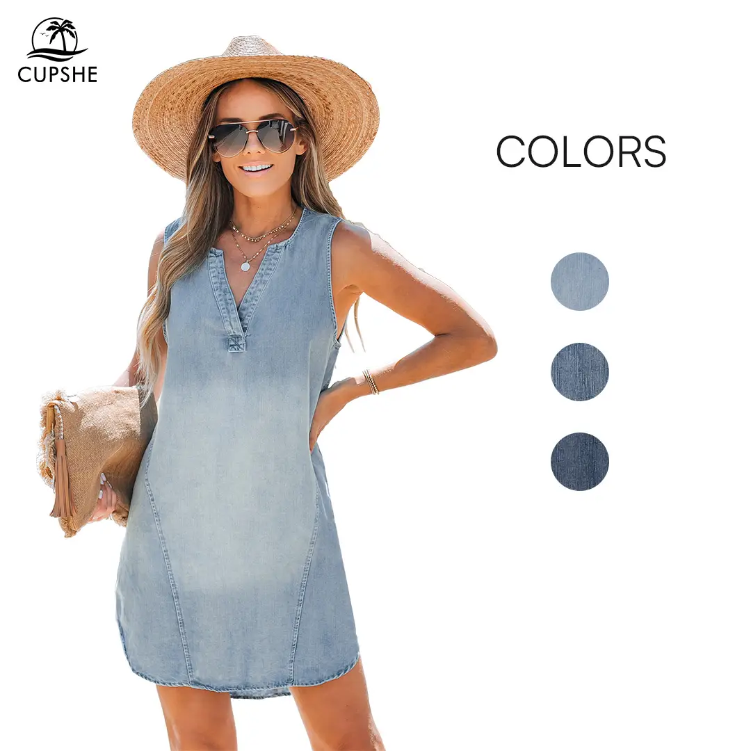 CUPSHE Women's Denim V-Neck Mini Dress Sleeveless Vacation Dresses Summer Sundress Casual Womenswear Daily Outfits Basic Comfort Women's Clothing #Tik
