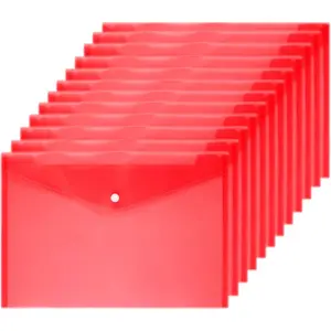 12 Pcs Poly Envelope Quality Clear Document Envelopes with Snap Button A4 Size Clear Document Folder (Red)