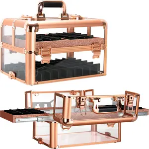 VER Beauty Armored Acrylic Cosmetic Makeup Train Case Organizer Portable Travel Makeup Bag with 6 Tiers Accordion Trays and Keylocks (Rose Gold)
