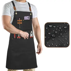 Work Aprons for Men, Oil & Water Repellent, PolyCotton Cross Back Aprons for Women with Pockets, Adjustable up to XXL, Chef Aprons for Cooking, Grilling, Welding, Woodworking - Black Aprons