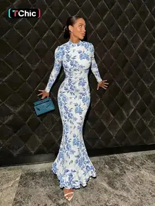 2026 Women's Elegant Long Sleeve Print Bodycon Dress Slim Fit Mermaid Style Maxi Evening Party Formal Fishtail Gown, Easy Care and Wrinkle Resistant, Designed to Keep You Stylish, Designed to Keep You Stylish
