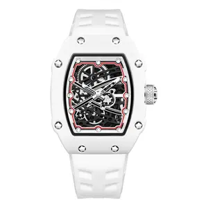 Luxury Skeleton Watch White Tonneau Case Silicone Strap Fashion Unisex