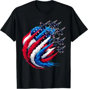 Patriotic Red White Blue USA Flag Fighter Jets 4th of July T-Shirt, Adult Graphic Pure Cotton Shirt, Gift T-shirt Fabric Menswear Casual Short Sleeve Crew Neck T-shirt Soft Top Breathable Clothes