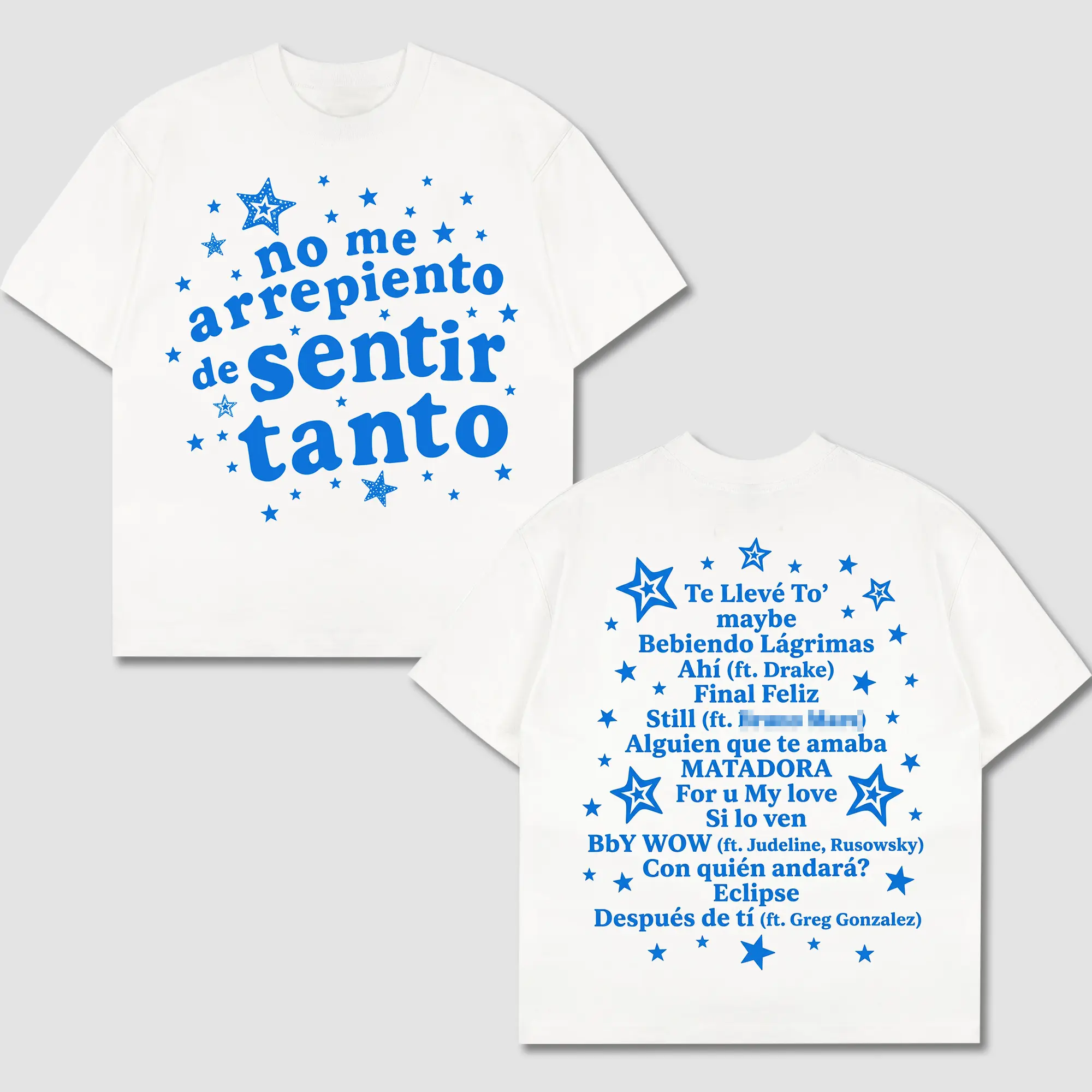 Karol-G No Me Arrepiento De Sentir Tanto Album Tee, Blue Stars Tracklist Back Print White Shirt, La Bichota Latin Music Fan Gift, KG Reggaeton Concert Merch, Y2K Star Aesthetic Heavyweight Streetwear Cotton