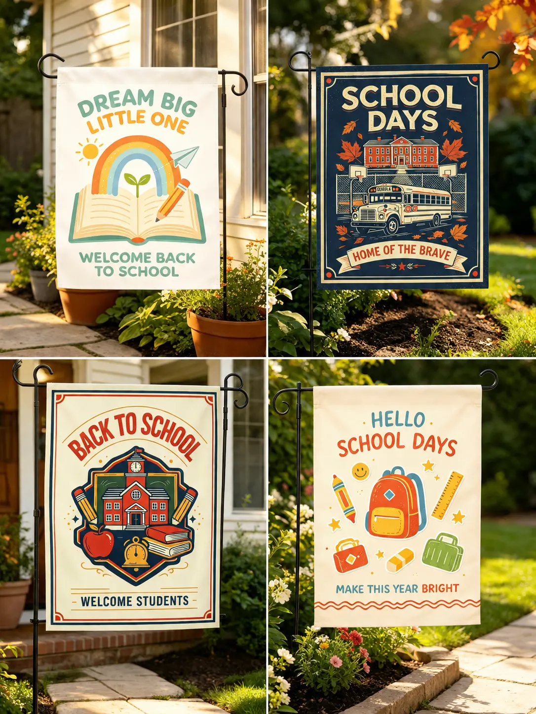 Farmhouse-Style Back-to-School Garden Flags - Pen, Backpack Designs - Autumn Outdoor Decor for Front Lawns, Teacher Gifts, Small Fall Classroom Accents