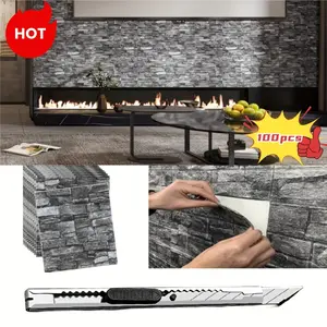 100PCs DIY 3D brick wall stickers with knife-Easy Peel & Stick, waterproof, foam panels for cozy living room, kitchen, bathroom decor-contemporary Grey and black design, wall stickers home decor