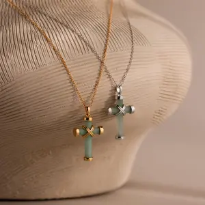 Minimalist Jed Cross Necklace Gold and Silver Green Gem Pendant Necklace Jade Jewelry Sister Gifts