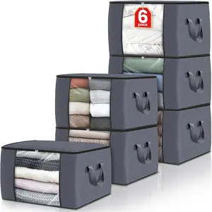 6 Pack Storage Bags for Clothes and Blanket, Foldable Closet Organizers and Storage with Zippers, Clear Window and Handles, Fabric Storage Bins for Sweater, Comforter, Bedding, Linen Sheets