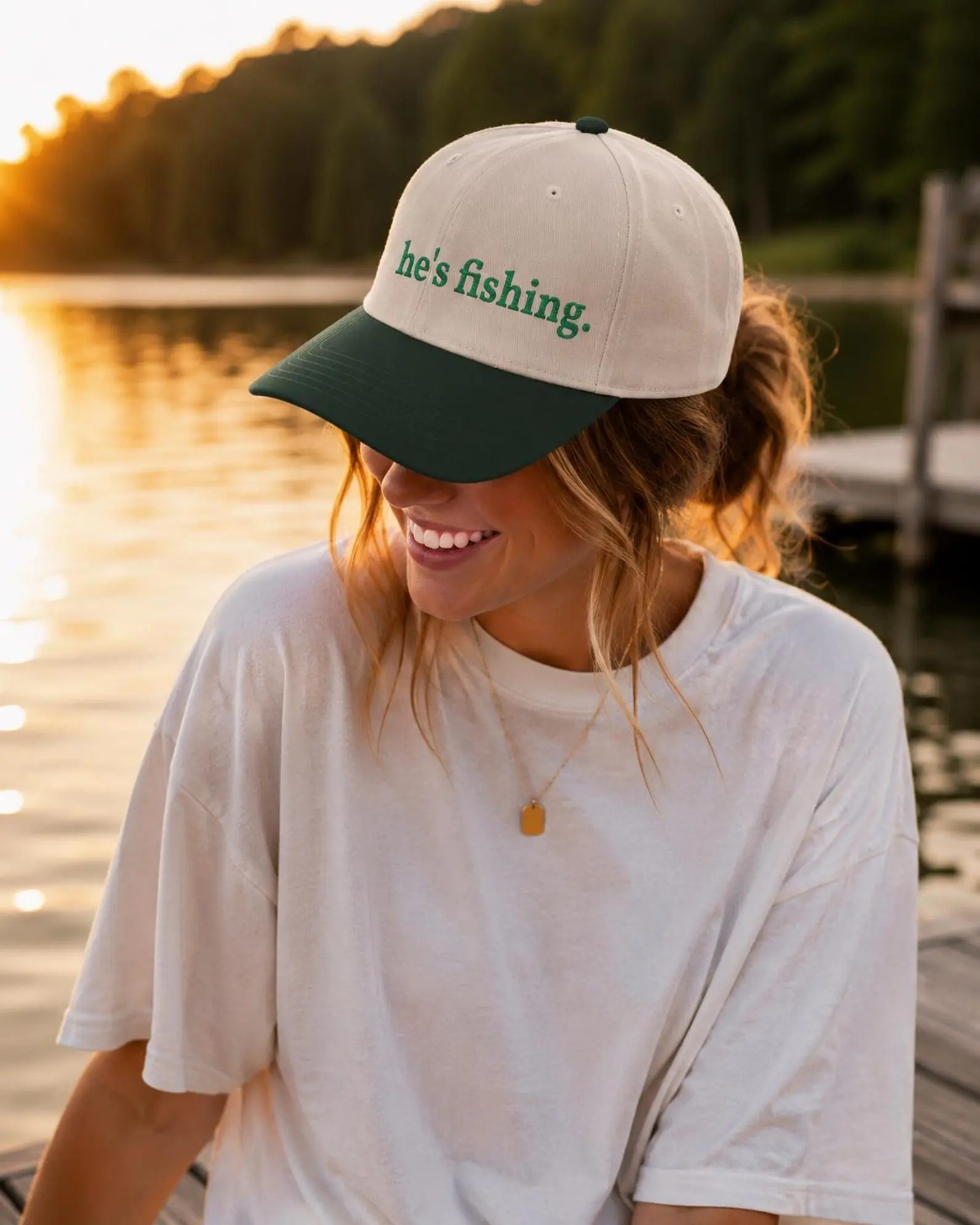 He's Fishing Embroidered Hat | Funny Wife & Girlfriend Snapback | Two-Tone Baseball Cap | Fishing Gift for Her/Him