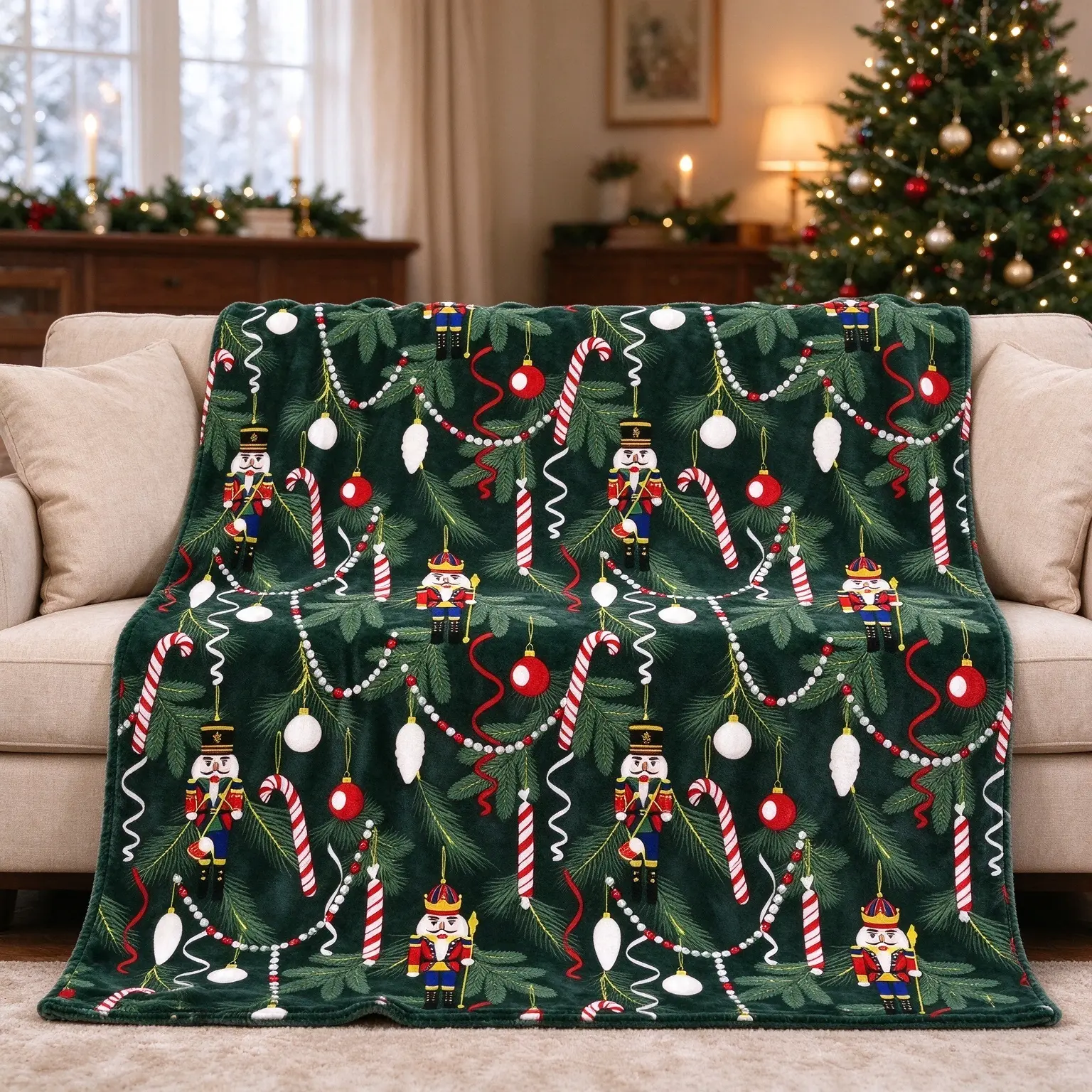 Nutcracker Christmas Fleece Throw Blanket, Soft Plush Cozy Holiday Blanket with Candy Cane and Ornament Print, Warm Lightweight Winter Throw for Couch Bed Sofa, All Season Festive Home Decor Blanket for Christmas Family Room