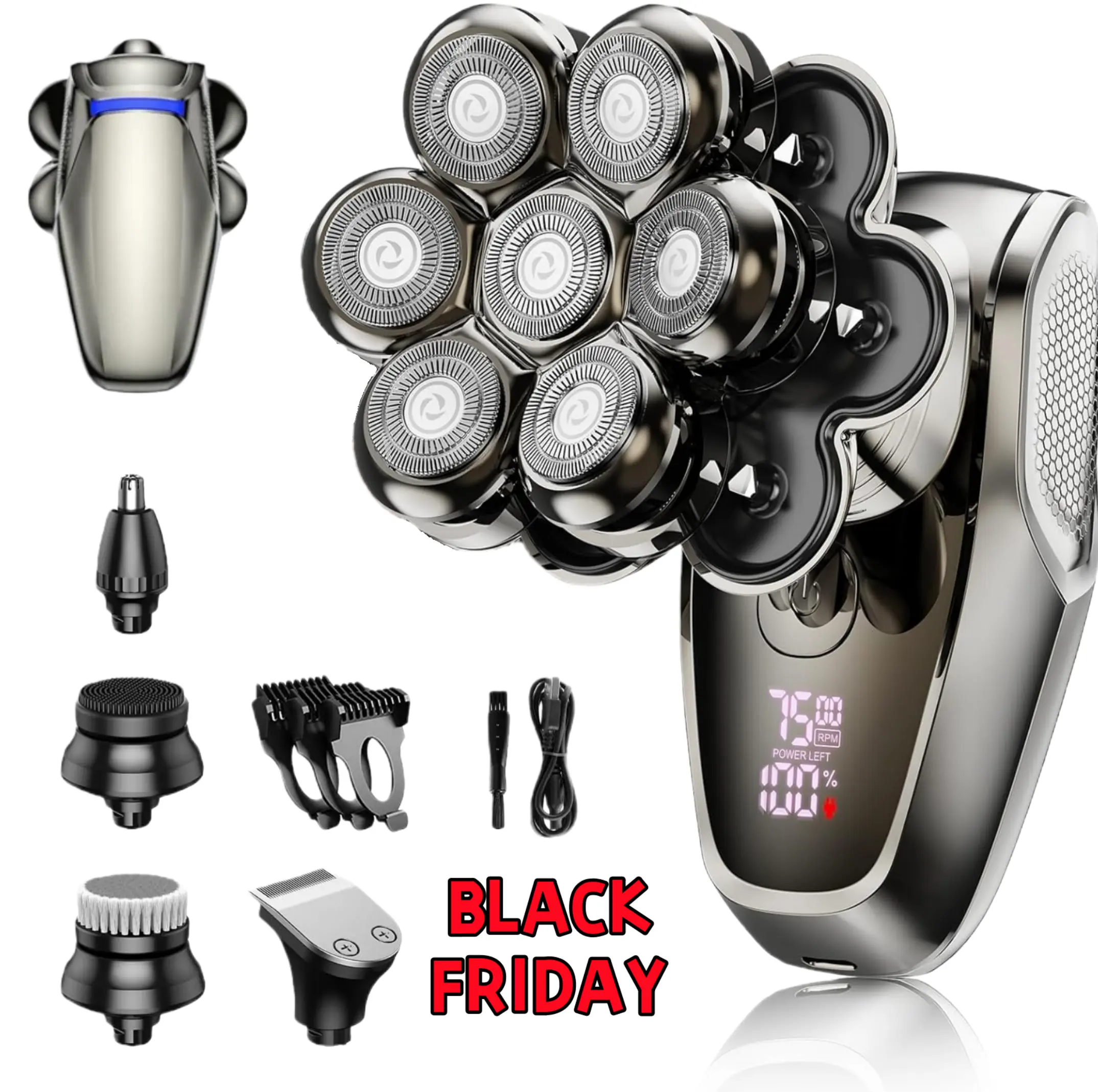 7D Head Shavers for Bald Men Upgrade 5 in 1 Waterproof Electric Razor Men's Grooming Kit Detachable Wet Dry Anti Pinch Head Shavers with LED Display Type C Charge