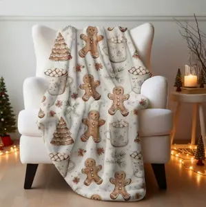 Soft gingerbread cookie blanket - A Bohemian Christmas home decoration idea featuring neutral gingerbread holiday hot cocoa decorations as a thoughtful Christmas gift for family and friends. A delicate and soft skin-friendly gift.