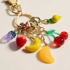 Colorful Enamel Fruit Charm Keychain and bag charm with Banana Strawberry Cherry Lemon Orange Grape Charms Gold Tone Chain for Bags Keys and Backpacks