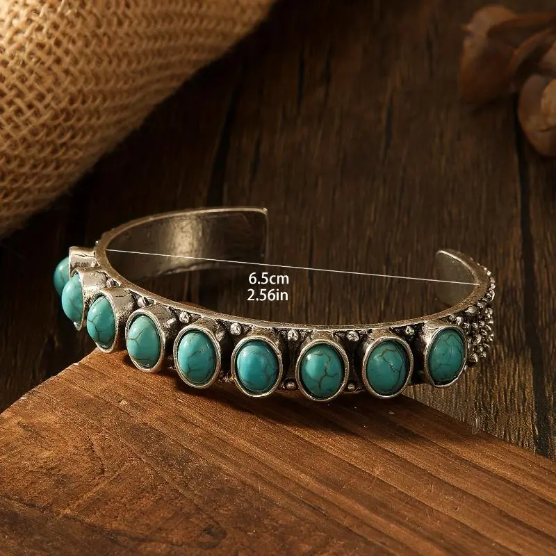 Silver Plated Boho Cuff Bangle for Women, Ethnic Mosaic Bracelet with Vibrant Turquoise & Natural Stones, Adjustable Size Zinc Alloy for Daily Wear, Female, 6.5Cm In Diameter