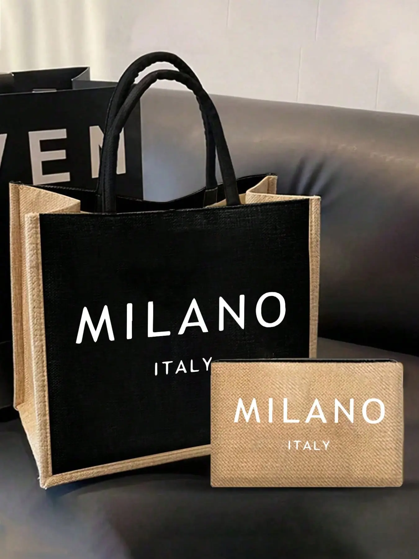 Linen Handbag Set with Milano Italy Print, Letter Pattern, Casual Style, Personalized Gift Packaging, All Seasons Use, Handbag Wallet Set, Casual Trendy Bag, Casual Fashion Bag, Casual Trendy Purse, Casual Handbags