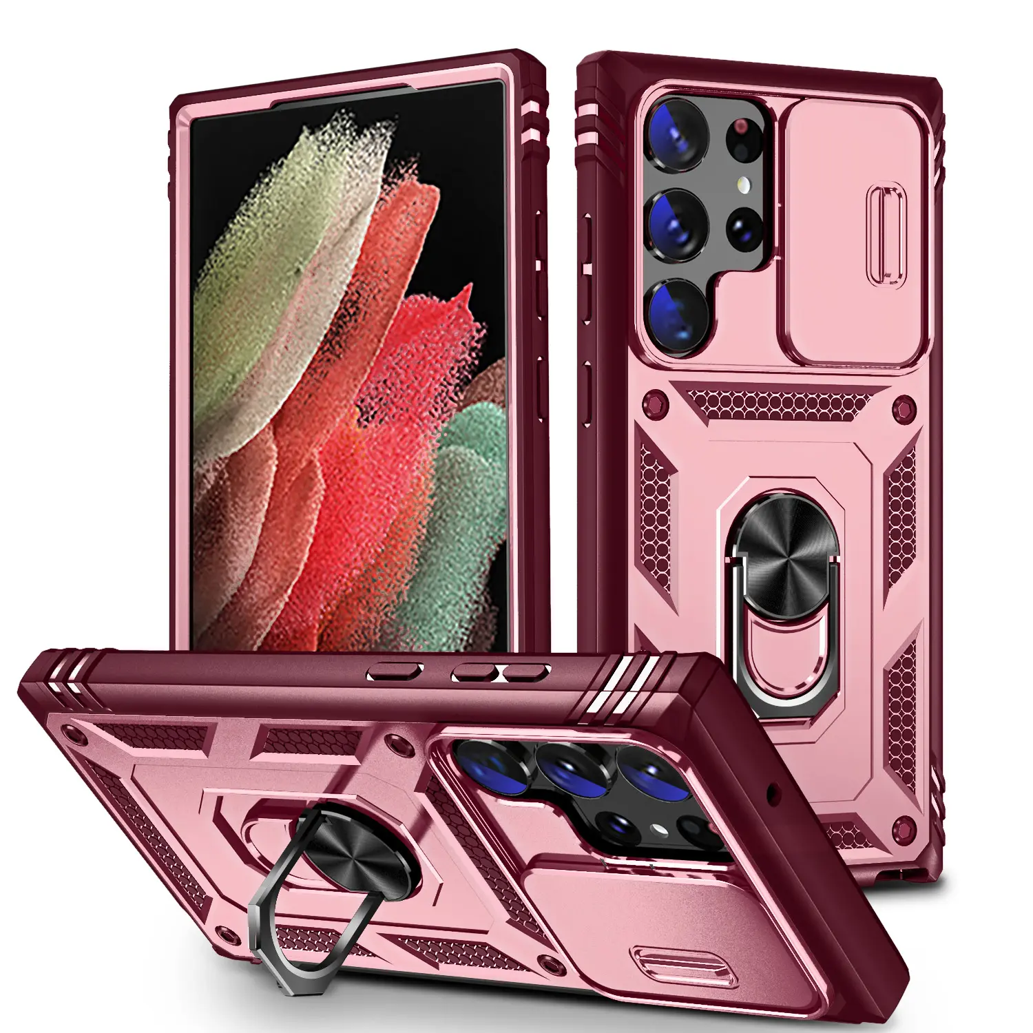 for Samsung Galaxy S26 S25 Edge S24 S23 S22 S21 Ultra Case Slide Camera 2 in 1 Heavy Duty Back Cover with Finger Ring Stand Privacy Lens Protective Case for S23 FE S24 Plus Phone Cases